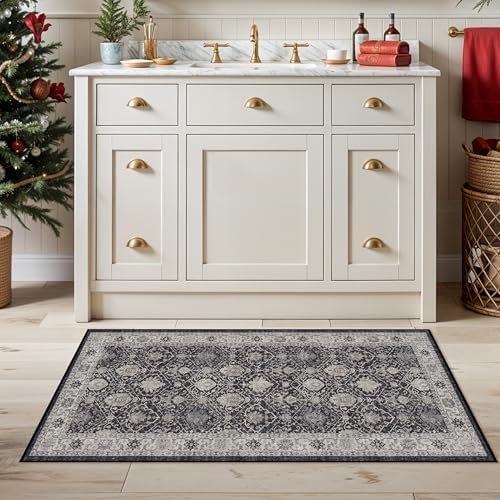 Washable 2x3 Entryway Area Rug: Vintage Soft Thin Door Mat with Non Slip Backing Water Resistant Carpet for Bedroom Low Pile Floor Mat for Kitchen Bathroom Easy Clean Rug for Family (2 X 3, Black) - Image 2