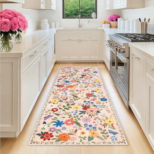 PLHXFR 2.6x8 Washable Runner Rug：Floral Indoor Kitchen Soft Carpet Beige by PLHXFRSoftAreaRugs