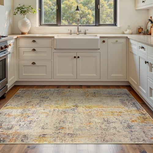 Area Rug 4x6 Beige Rug Washable Boho Rugs Non Slip Low Pile Abstract Small Carpet for Entryway, Bedroom, Kitchen, Classroom, Kids Room, Office, Dorm, Dining Room Light Tan by OmpaaHomeDecor