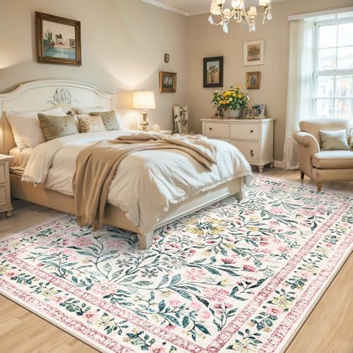 PLHXFR 6x9 Area Rug Living Room: Floral Washable Boho Carpet Pink Green - Image 3