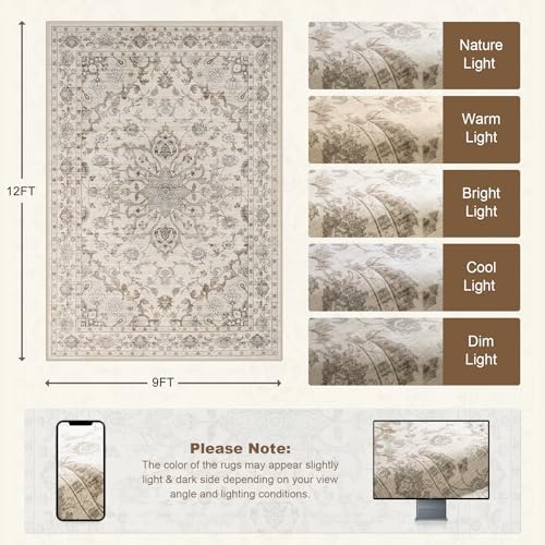 9x12 Area Rugs Living Room: Washable Rug for Bedroom Brown Beige - Image 2