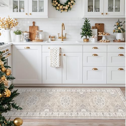 Washable 2x8 Hallway Runner Rug: Vintage Water Resistant Kitchen Entryway Rug Ultra Soft Living Room Bedroom Carpet with Non Slip Backing Indoor Low Pile Floor Mat for Bathroom Dining Room(2x8,Beige) - Image 2