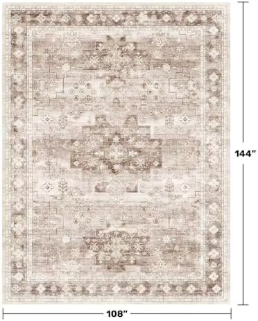 Washable Farmhouse Living Room Rug, 9x12 Area Rugs for Bedroom, Dining Room Under Table Carpet, Kids Room, Large Boho Vintage Non-Slip Floral Rugs Low Pile Stain Resistant (9x12 Beige/Latte) - Image 2
