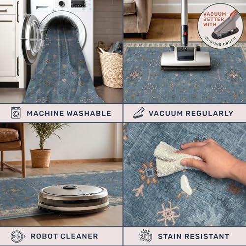Vintage 3x12 Long Hallway Runner Rug - Blue Boho 3x12 Kitchen Floor Mat, Washable Low Pile Thin Carpet for Bedroom Bedside, Modern Eclectic Boho Design Décor - Image 3