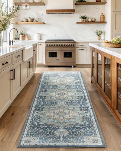 Amada 2'6"x10' Washable Runner Rug for Hallway, Blue/Yellow, Vintage Style - Image 3