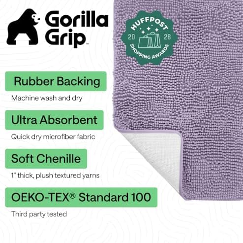 GORILLA GRIP Bath Rug Mat for Bathroom, Absorbent Chenille, 30x20 Purple - Image 2