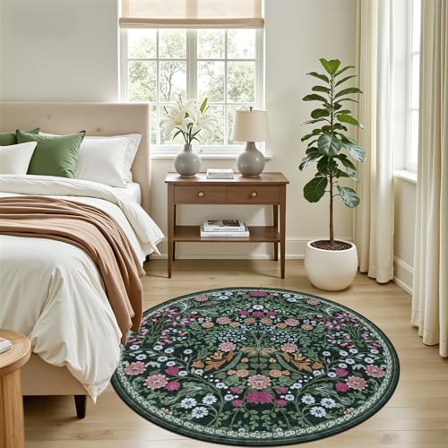 PLHXFR Round Area Rug Living Room: 4 ft Floral Washable Carpet Dark Green - Image 3