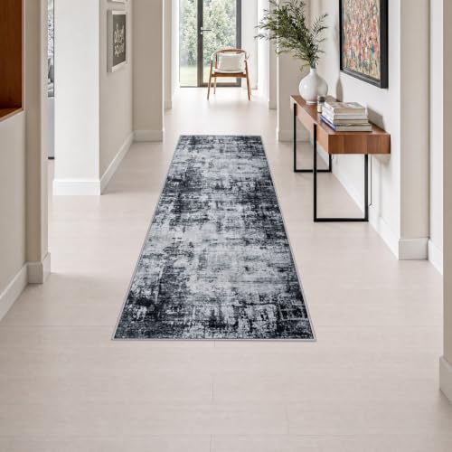 2x6 Washable Runner Rug：Modern Abstract Soft Carpet Dark Black by FXRHLP