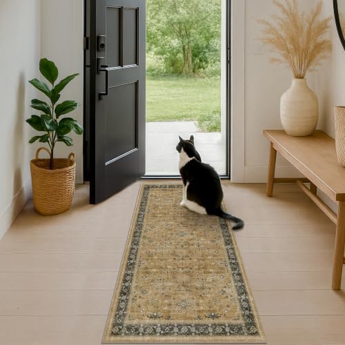 Soft 2x5 Indoor Entryway Floor Mat, Small Runner Rug for Mudroom Kitchen and Bathroom, Non-Slip Low-Pile Washable Stain Resistant, Vintage Rustic Brown and Charcoal Olive Décor by HazoHaus