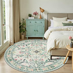 PLHXFR Round Area Rug Living Room: 8 ft Floral Washable Carpet Green Beige - Image 2