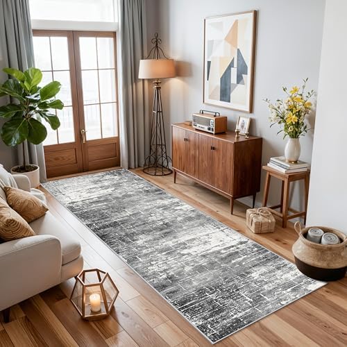 2x8 Washable Hallway Runner Rug: Abstract Stain Resistant Kitchen Rugs Farmhouse Ultra Soft Bathroom Bedroom Entryway Print Floor Mat Thin Non-Slip Indoor Carpet for Living Room Laudry(2x8,Black/Grey) - Image 4