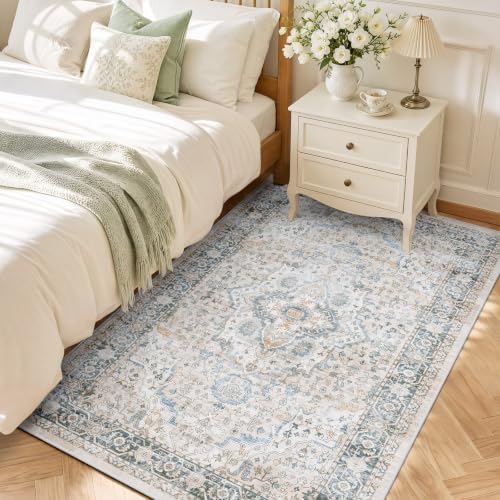 SameBed 5x7 Area Rug Living Room, Vintage Washable Carpet Grey Blue - Image 2