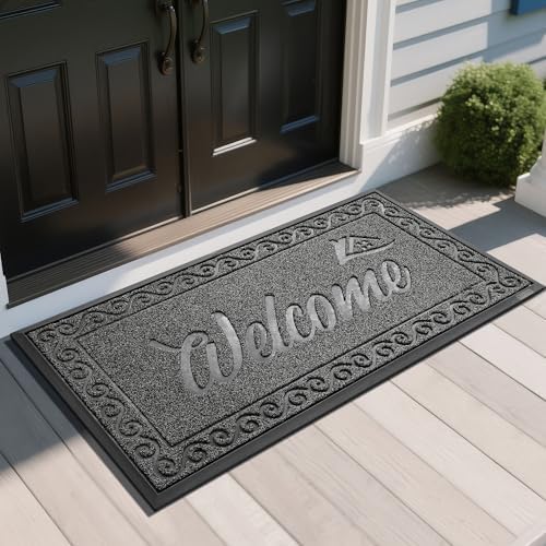 Yimobra Welcome Mat, Heavy Duty Sturdy Door Mats for Home Entrance Outdoor Indoor, Front Doormat for Outside Patio Floor Entry Porch Garage Office, Waterproof, Low Profile, 47 x 24, Black Grey by Yimobra