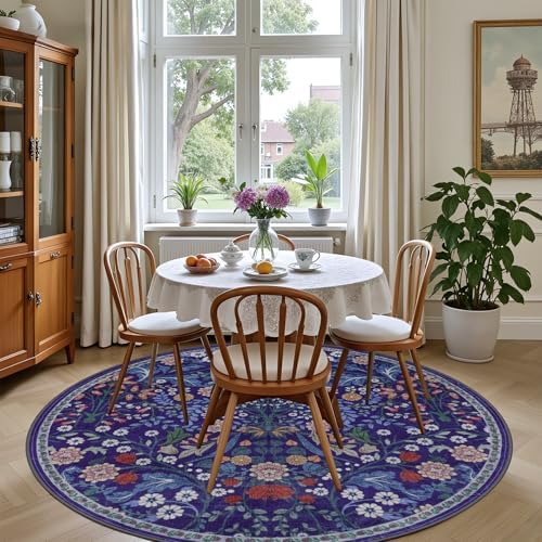 PLHXFR Round Area Rug Living Room: 6 ft Floral Washable Soft Carpet Blue - Image 4