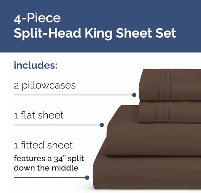 Split Head King Sheet Set – 4 Piece Flex Split Top King Sheets for Adjustable Beds - Fits 14” to 16" Mattress w/ Deep Pockets - Ultra-Soft, Breathable & Cooling - Luxury Bedding & Wrinkle Free - Brown