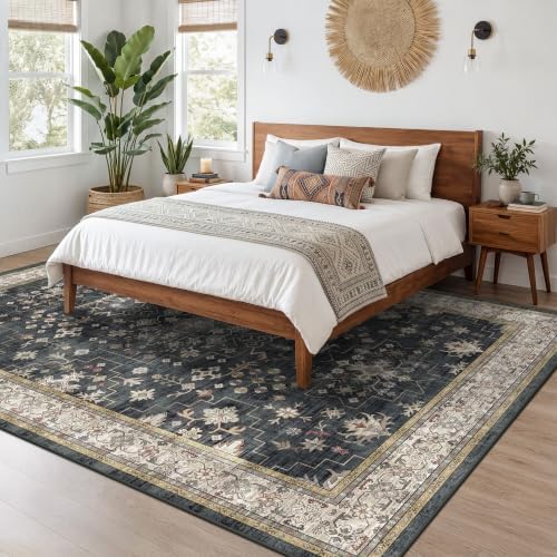 Black Boho Rug for Living Room 8x12 - Washable Dining Room Rugs for Under Table, Vintage Soft Low Pile Carpet for Bedroom, Non-Slip Farmhouse Bohemian Large Thin Carpet for High Traffic Area - Image 6
