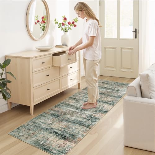 2x 10 Area Rug for Hallways, Abstract Washable Runner Rugs,Coffee/Green - Image 5