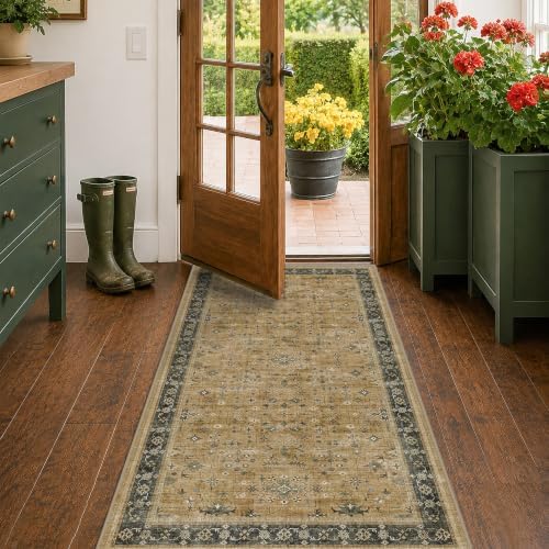 Hazo Haus Washable 3x6 Large Mudroom Area Rug, Bohemian Kitchen Floor Rug, Non-Slip & Stain Resistant, Vintage Rustic Brown and Charcoal Olive Farmhouse Floral Décor by HazoHaus