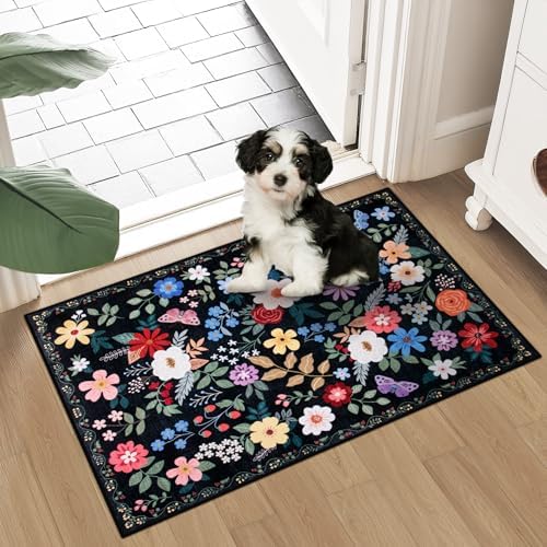 PLHXFR 2x3 Small Entryway Rug: Floral Washable Indoor Soft Carpet Black - Image 2