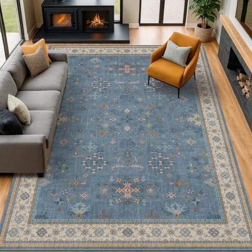 Hazo Haus Blue Big Rugs for Living Room - Dusty Blue 10x14 Area Rug for Large Bedroom, Dining Room, Washable Lightweight Low Pile Foldable Eclectic Modern Floral Home Décor by HazoHaus