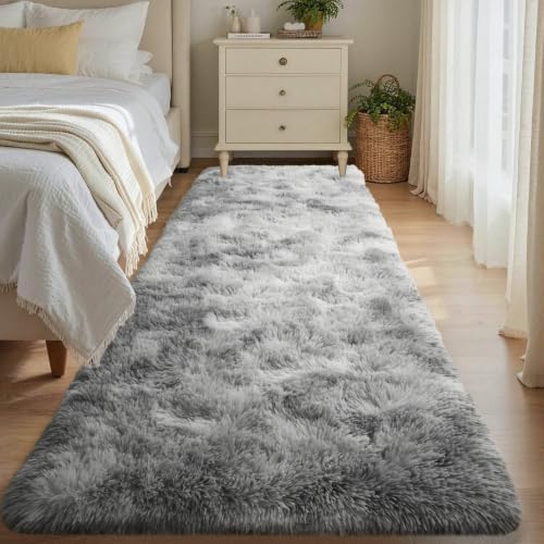 2x10 Tie-dye Grey Fluffy Soft Runner Rug Non-Slip for Bedroom Dorm Hallway by ModernHomeDecor
