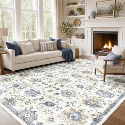 Amada 8x10 Washable Area Rug for Living Room, Blue/White, Vintage Pattern by AMADAHOMEFURNISHING