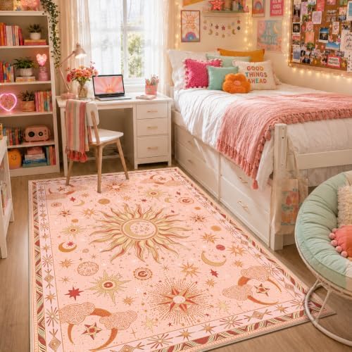 Vacuum-Friendly, 5x7 Washable Area Rug, Pink Gold Beige Red - Image 2
