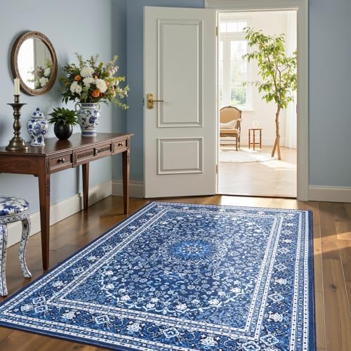 5x7 Area Rugs for Living Room, Washable Non-Slip Rug, Oriental Dark Blue - Image 3