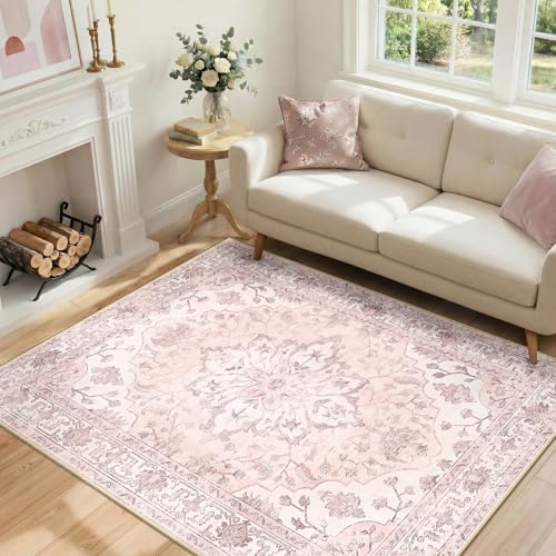 RELEANY Washable Area Rug, 4'x5', Pink by RELEANY