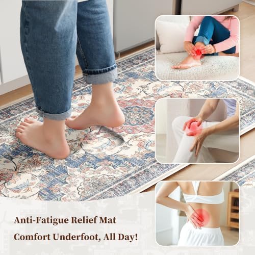 Boho Kitchen Mats for Floor 2PC Anti Fatigue Kitchen Rugs, Retro Blue - Image 3
