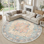 RELEANY Washable Area Rug, Round 10ft, Blue/Orange/Red by RELEANY
