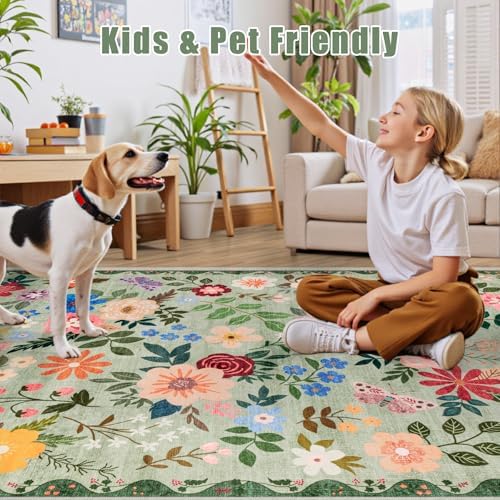 PLHXFR Round Area Rug Living Room: 8 ft Floral Washable Soft Carpet Green - Image 6
