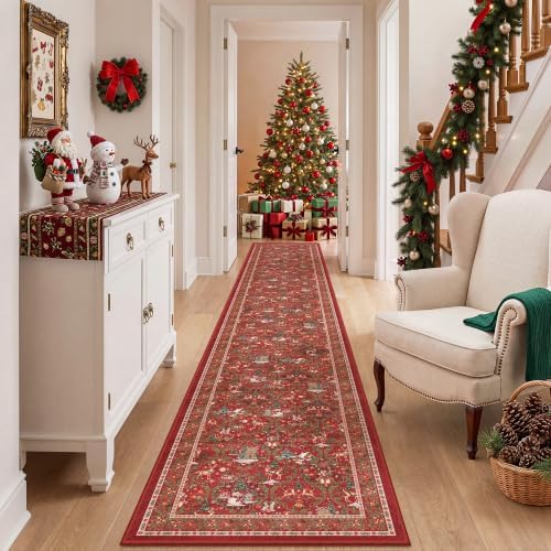 2x12 Christmas Runner Rug for Hallway,Washable Kitchen Rugs,Red - Image 4