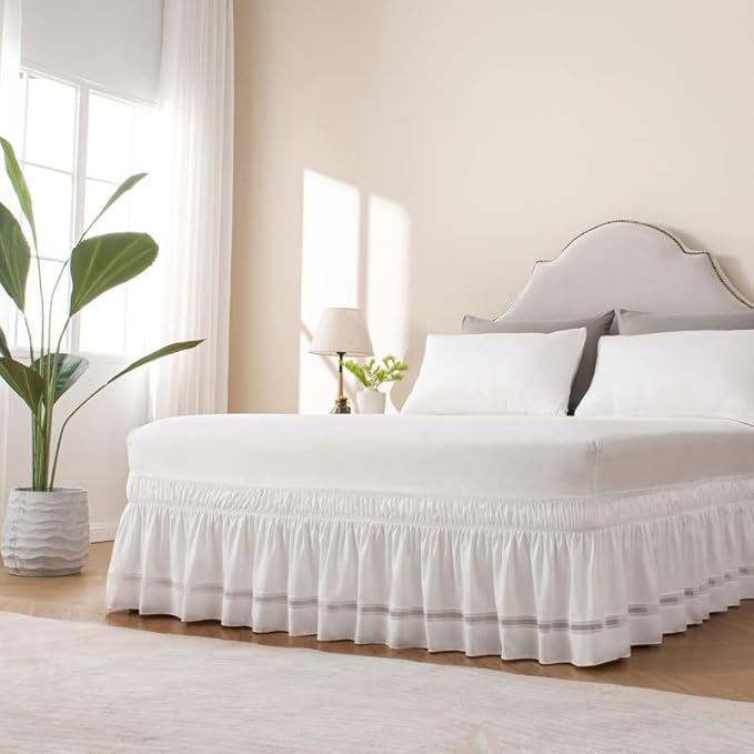 MIYE Wrap Around Ruffled Lace Bed Skirt, Elastic Dust Ruffle with Adjustable Belts, Easy to Put On, Bed Frame Cover, Machine Washable (Ruffled Lace/White, King/Queen-12.5" Drop)