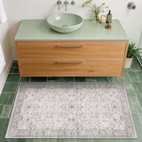 Boho Bathroom Rug 2x4 - Washable Low Pile Area Rugs for Entryway Door Mat Indoor Entrance, Soft Small Throw Kitchen Carpet, Modern Vintage Light Gray & Sage Eclectic Geometric Floral Décor by HazoHaus