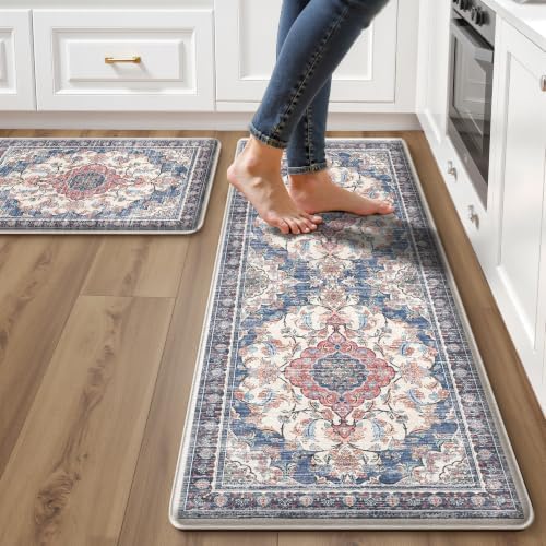 Boho Kitchen Mats for Floor 2PC Anti Fatigue Kitchen Rugs, Retro Blue by tubeamin