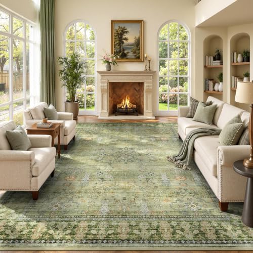 9x12 Area Rug for Living Room, Non-Slip Washable Large Carpet, Sage Green by Lofus