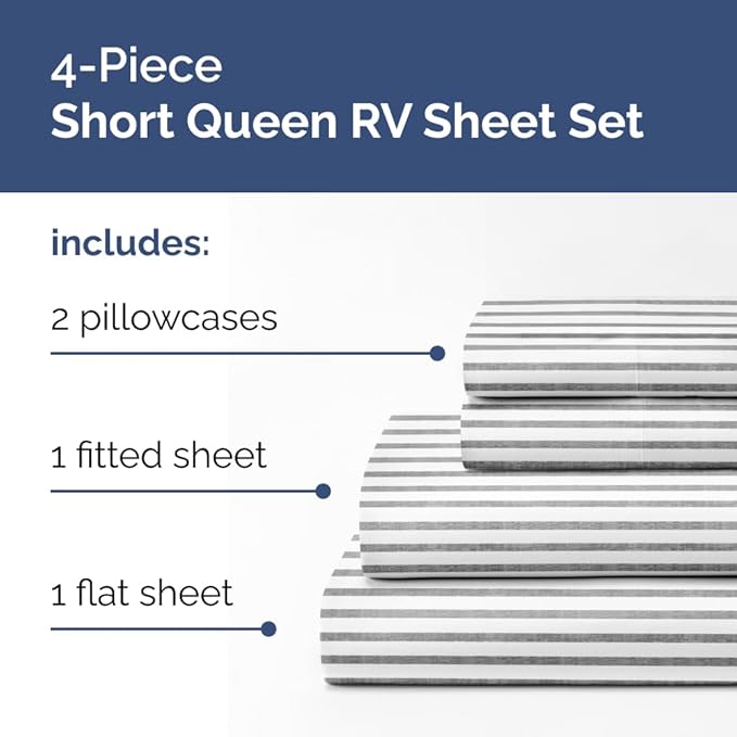 RV Short Queen Sheet Set 60 X 75 - 4 Piece RV Short Queen Bed Sheets - Soft, Breathable & Cooling - Designed for Bunks, Trailers & Campers - Fits 8” to 12" Mattress - Luxury Bedding - Grey Stripes 2
