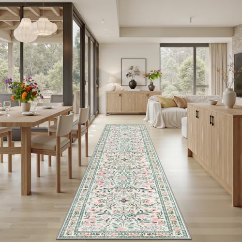 PLHXFR 3x10 Washable Runner Rug：Floral Indoor Kitchen Carpet Green Beige - Image 4