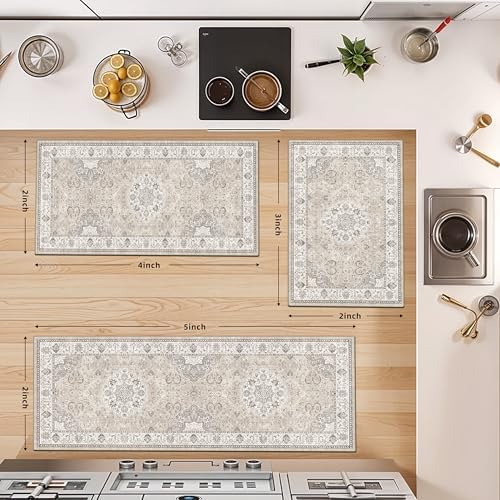 Washable Kitchen Rug Set of 3: Boho Non-slip Soft Stove Sink Mat Light Weight Stain Resistant Carpet for Dog Bowl Area Comfort Tile/Hardwood Floors Protection Mat for Entryway Foyer(2x3+2x4+2x5,Beige) - Image 4