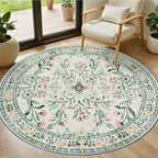 PLHXFR Round Area Rug Living Room: 4 ft Floral Washable Carpet Green Beige by PLHXFRSoftAreaRugs