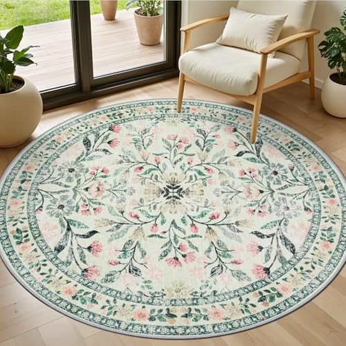 PLHXFR Round Area Rug Living Room: 4 ft Floral Washable Carpet Green Beige by PLHXFRSoftAreaRugs
