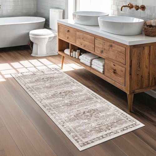 Hazo Haus Boho 2x7 Long Runner, Neutral Farmhouse Hallway Rug, Small Throw Runners for Bedroom, Bathroom, Kitchen, Vintage Floral Decor & Non-Slip Low-Pile Washable Stain Resistant, Latte Beige - Image 6