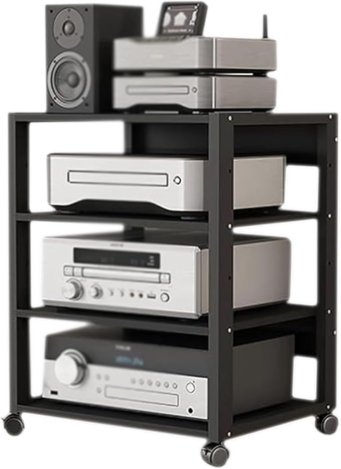 Dernoing 4 Tier Audio Rack Tower, CD Record Player Stereo Receiver AV Equipment Cabinet Display Rack, Weight Capacity 661 lbs, with Adjustable Wooden Shelves for Home (4 Tier Black)