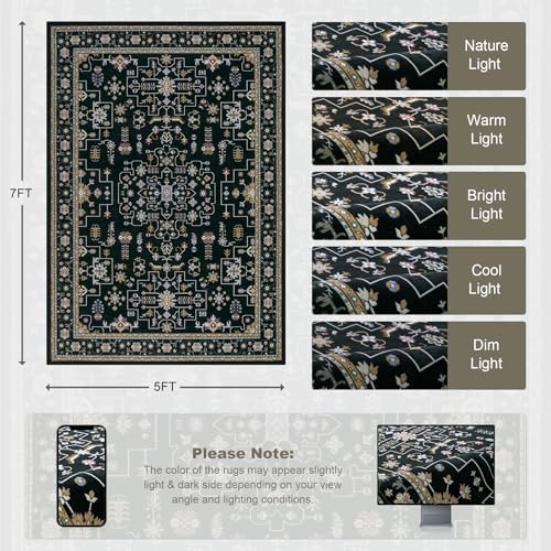 5x7 Area Rugs Living Room: Washable Vintage Rug for Bedroom Black - Image 2