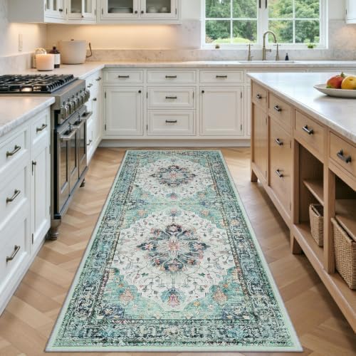 RELEANY Washable Area Rug, Runner 3'x6', Teal Green/White/Navy by RELEANY