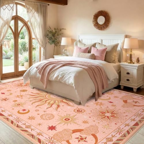 Vacuum-Friendly, 8x10 Washable Area Rug, Pink Gold Beige Red - Image 2