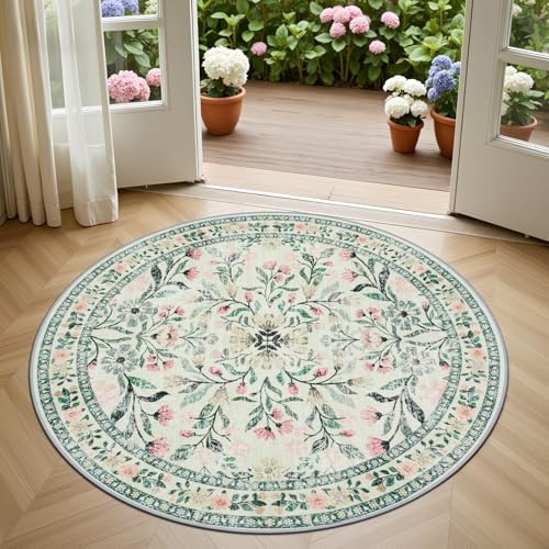 PLHXFR Round Area Rug Living Room: 4 ft Floral Washable Carpet Green Beige - Image 2