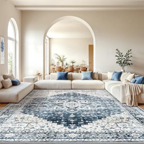 Amada Large 10x14 Washable Area Rug for Living Room, Blue, Vintage Pattern by AMADAHOMEFURNISHING