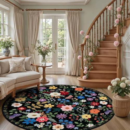 PLHXFR Round Area Rug Living Room: 8 ft Floral Washable Soft Carpet Black - Image 5